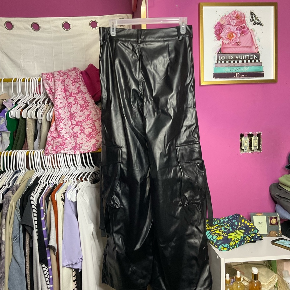 Faux Leather Wide Leg Cargo Pants - Picture 4 of 4